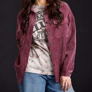 Warehouse One, Grand Beach Club purple corduroy shacket